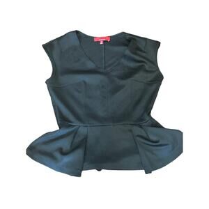 EUC Saks Fifth Avenue RED Label Black Peplum V-Neck Scuba Faux Leather Top Large